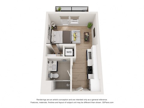 a 1 bedroom floor plan with a bathroom and a balcony